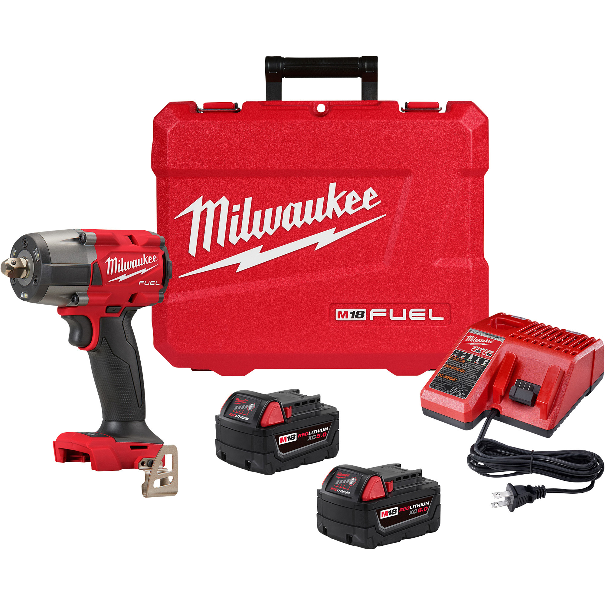 Milwaukee M18 FUEL Cordless Mid-Torque Impact Wrench with Pin Detent Kit, 1/2in. Drive, 650 Ft./Lbs. Max Torque, 2 Batteries, Model# 2962P-22R